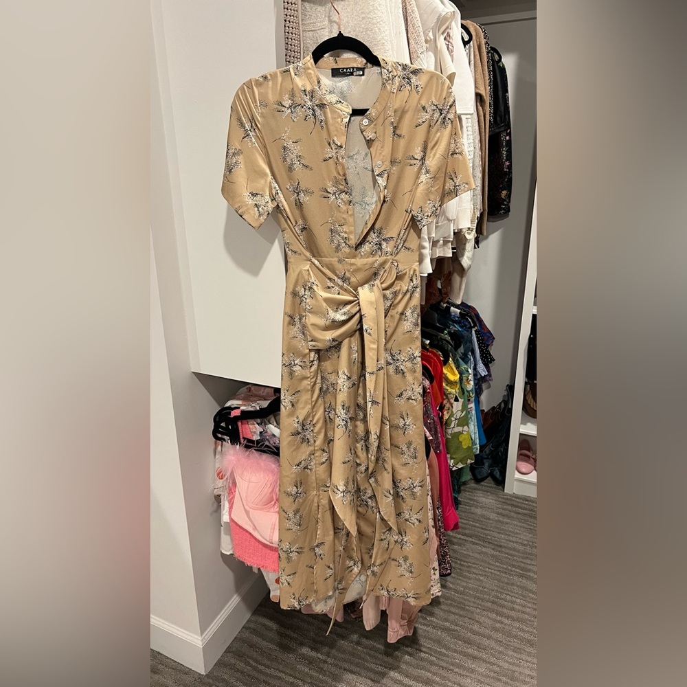 Caara neutral Floral Wrap Dress with front button down